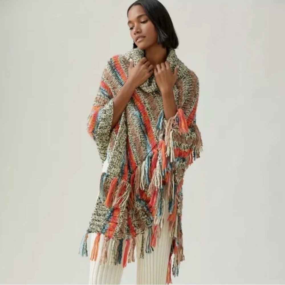 Anthropologie Chunky Knit Fringe Poncho Cowl Neck Boho Oversized One Size NWT